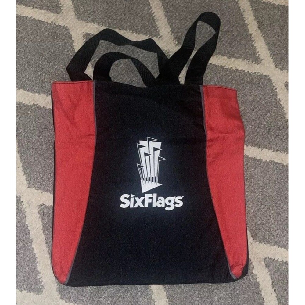 Vintage Six Flags Canvas Tote Bag Theme Park Souvenir Black, Red & White 15x15"